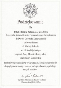 Podziękowania za organizację VI edycji Warsztatów dla Uczniów Szkół Ponadpodstawowych. Kliknij, aby powiększyć zdjęcie.
